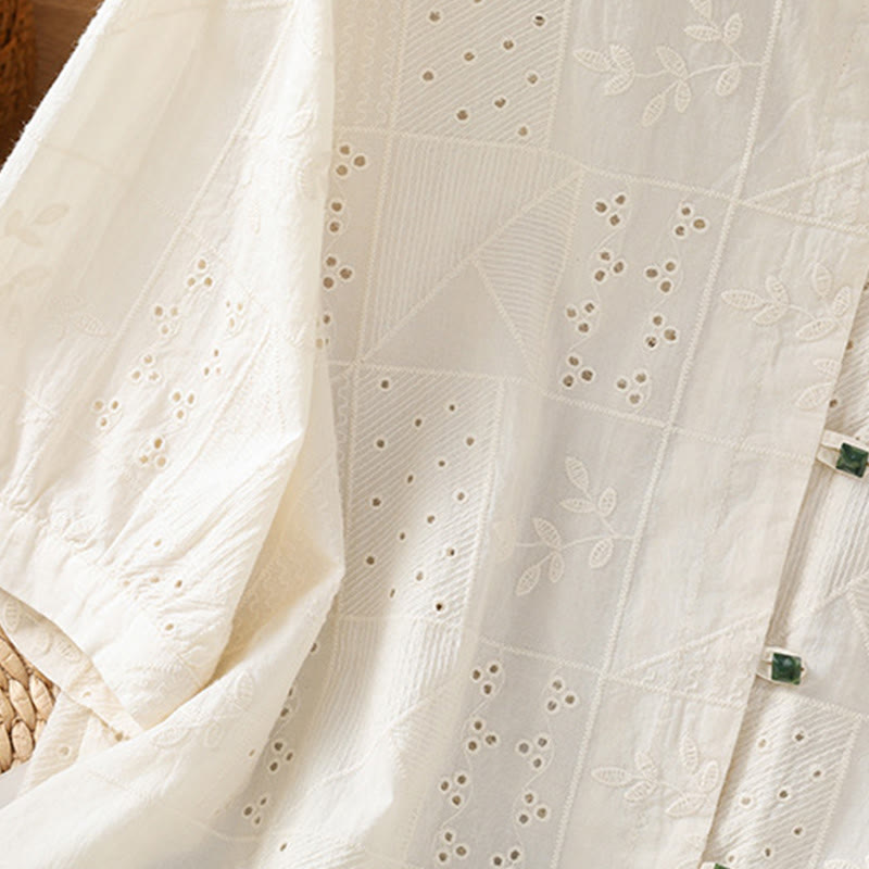 Buddha Stones Casual Embroidery Hollow Cotton Polyester Half Sleeve Women's Crew Neck Shirt - image 11