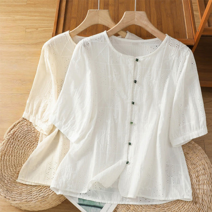 Buddha Stones Casual Embroidery Hollow Cotton Polyester Half Sleeve Women's Crew Neck Shirt - image 15