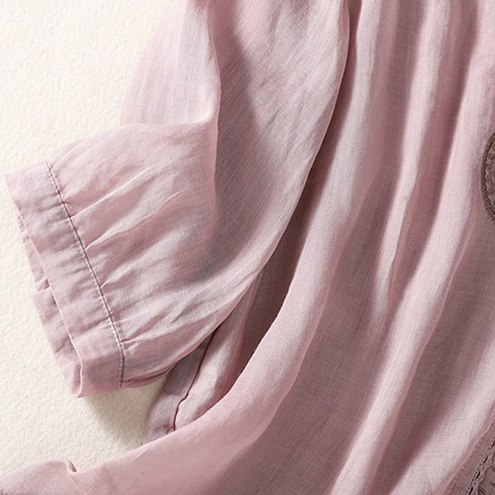 Buddha Stones Casual Embroidered Pattern Women's V-neck Design Half Sleeve Cotton Linen T-shirt - image 1