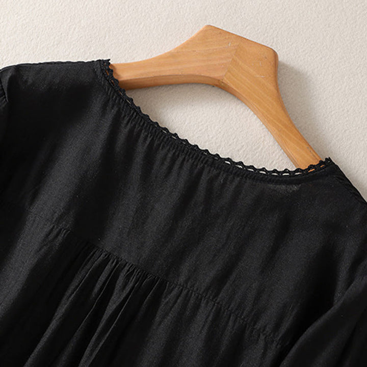 Buddha Stones Casual Embroidered Pattern Women's V-neck Design Half Sleeve Cotton Linen T-shirt - image 7