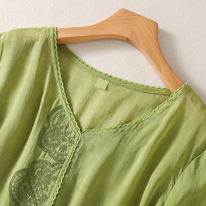 Buddha Stones Casual Embroidered Pattern Women's V-neck Design Half Sleeve Cotton Linen T-shirt - image 18