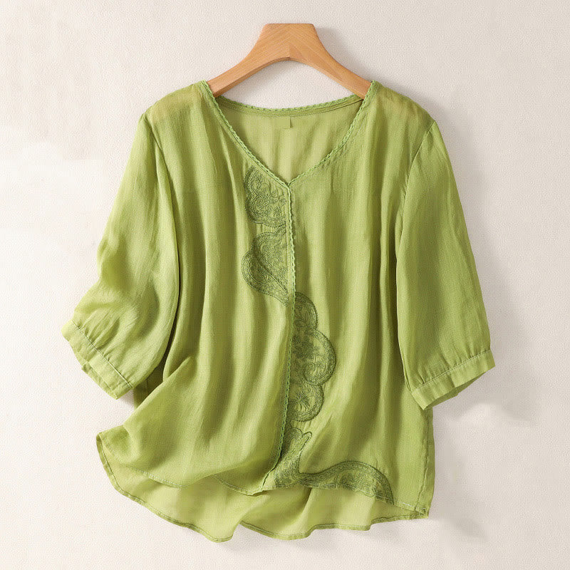 Buddha Stones Casual Embroidered Pattern Women's V-neck Design Half Sleeve Cotton Linen T-shirt - YellowGreen - US14，UK/AU18，EU46 (2XL) - image 13