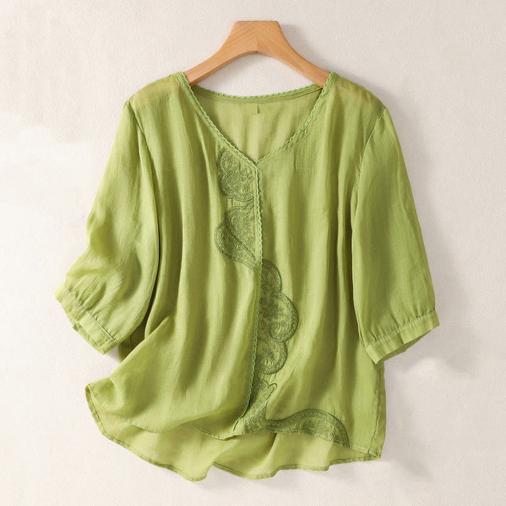 Buddha Stones Casual Embroidered Pattern Women's V-neck Design Half Sleeve Cotton Linen T-shirt - YellowGreen - US14，UK/AU18，EU46 (2XL) - image 13