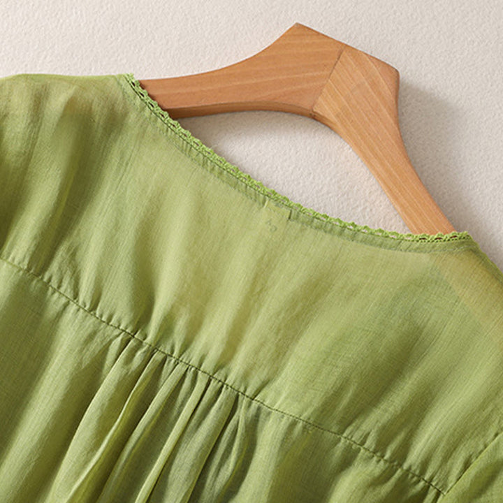 Buddha Stones Casual Embroidered Pattern Women's V-neck Design Half Sleeve Cotton Linen T-shirt - image 21