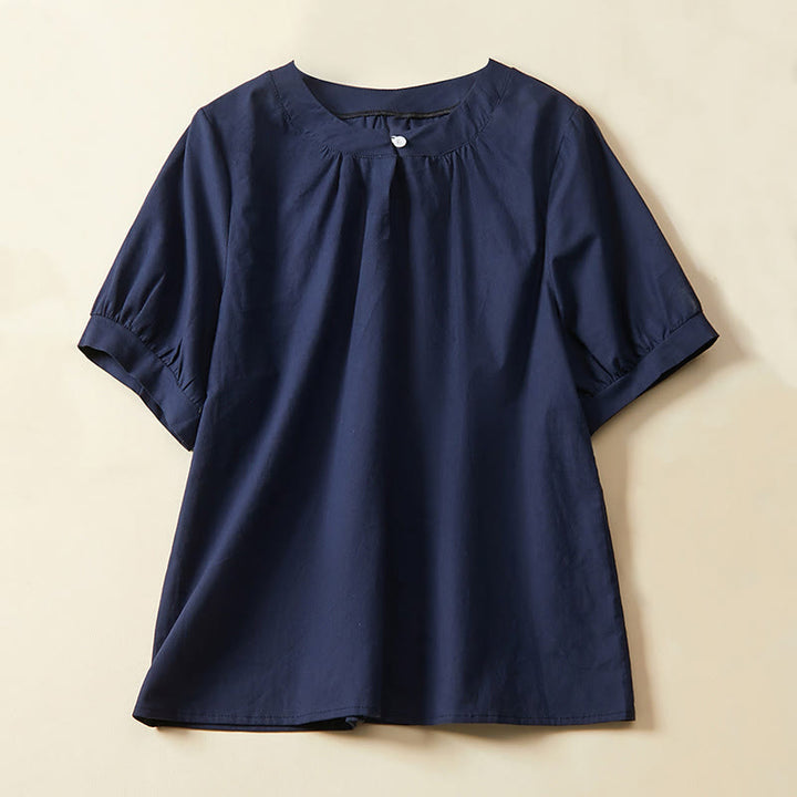 Buddha Stones Casual Plain Button Women's Short Sleeve Cotton Linen T-shirt - Navy - US14，UK/AU18，EU46 (2XL) - image 4