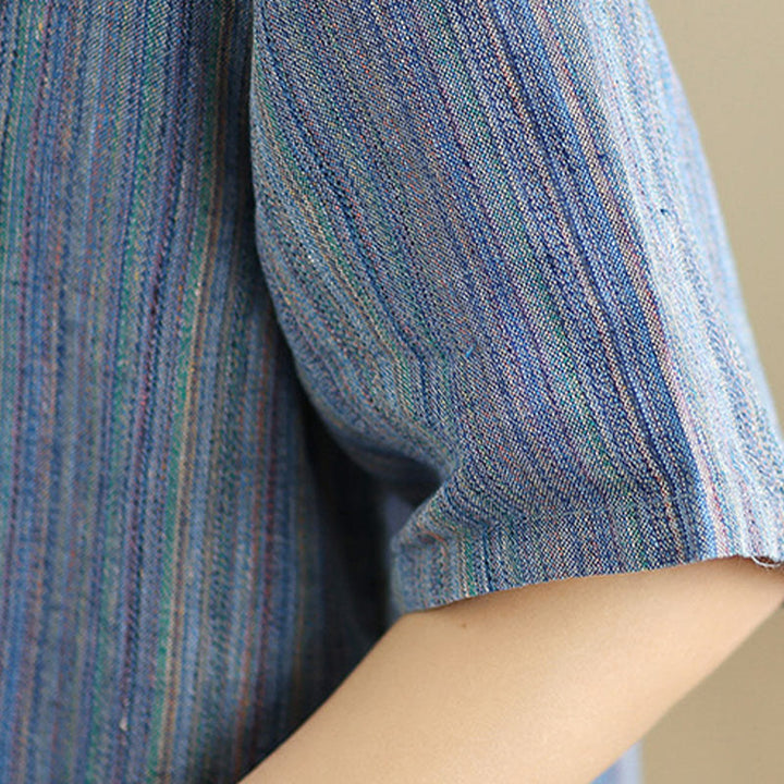 Buddha Stones Casual Retro Striped Women's Half Sleeve Cotton Linen T-shirt - image 6