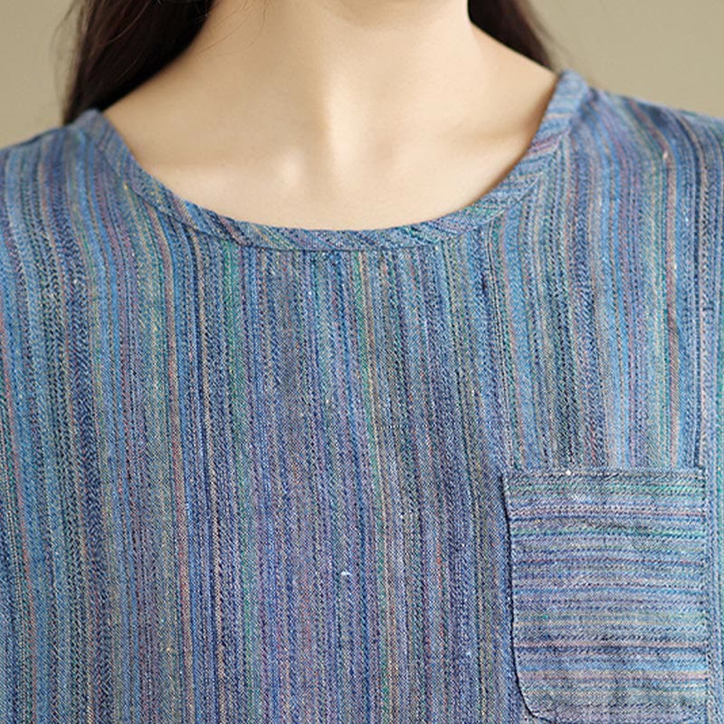 Buddha Stones Casual Retro Striped Women's Half Sleeve Cotton Linen T-shirt - image 3