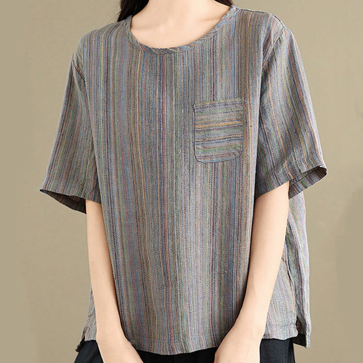 Buddha Stones Casual Retro Striped Women's Half Sleeve Cotton Linen T-shirt - SlateGray - US12，UK/AU16，EU44 (2XL) - image 10