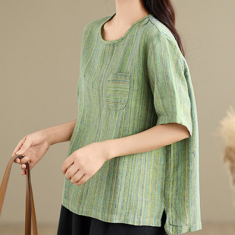 Buddha Stones Casual Retro Striped Women's Half Sleeve Cotton Linen T-shirt - image 19