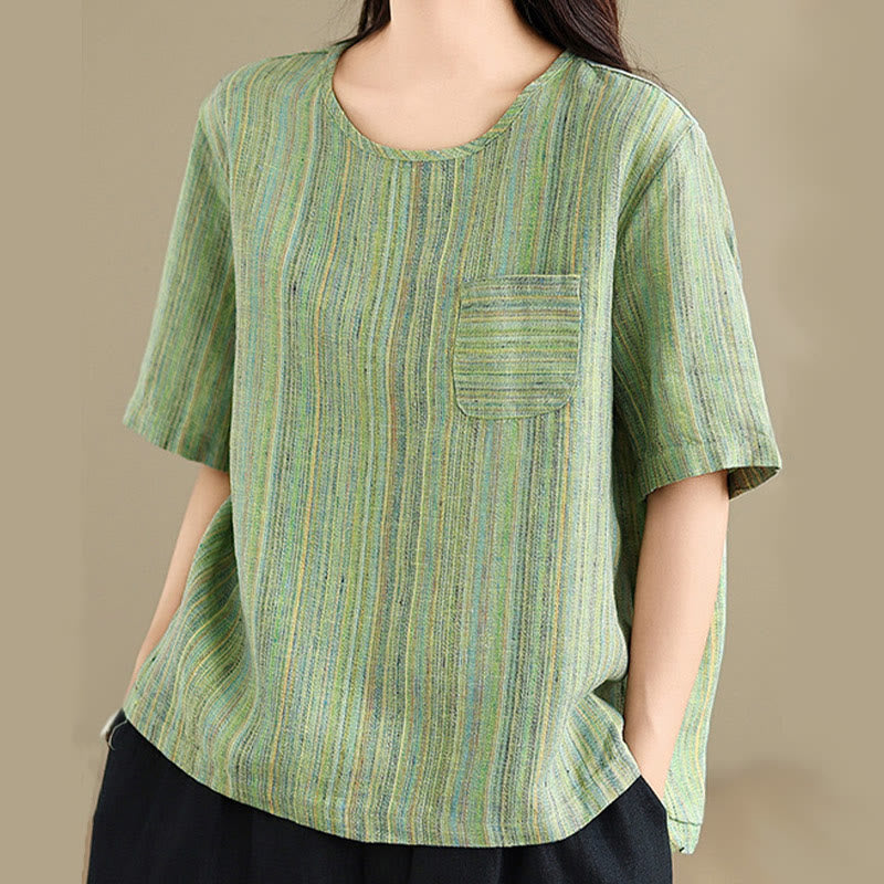 Buddha Stones Casual Retro Striped Women's Half Sleeve Cotton Linen T-shirt - image 16