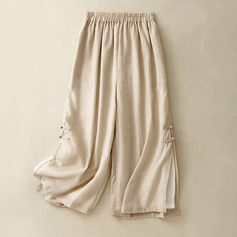 Buddha Stones Frog-Button Hem Slit Design Women's Wide Leg Cotton Linen Pants With Pockets - Beige - US8-10，UK/AU12-14，EU40-42 (2XL) - image 0