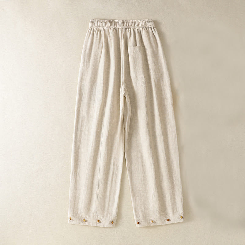 Buddha Stones Casual Embroided Bead Drawstring Women's Wide Leg Cotton Pants With Pockets - Beige - US8-10，UK/AU12-14，EU40-42 (2XL) - image 13