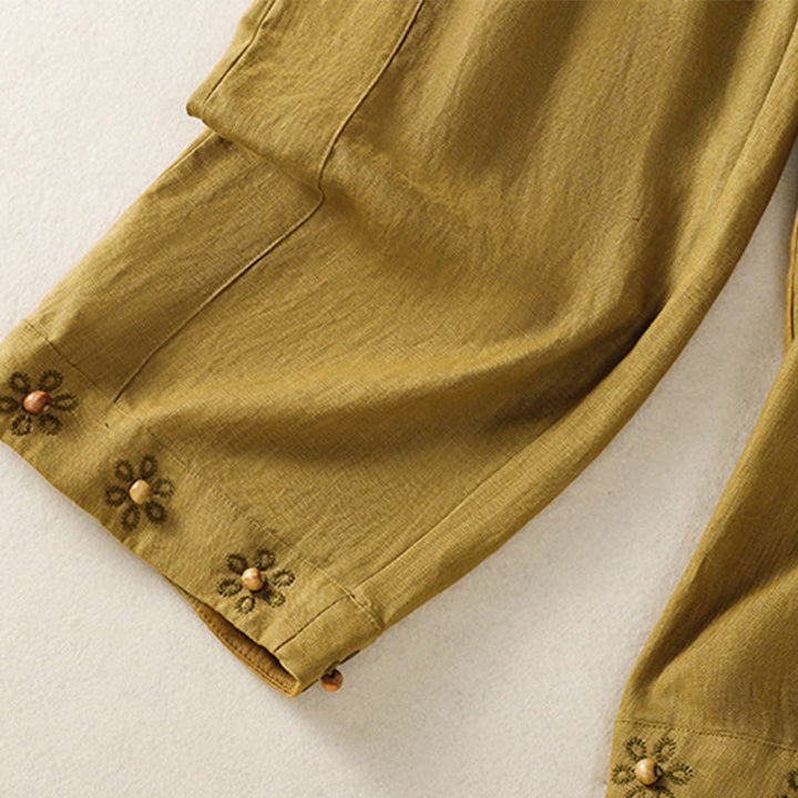 Buddha Stones Casual Embroided Bead Drawstring Women's Wide Leg Cotton Pants With Pockets - image 12
