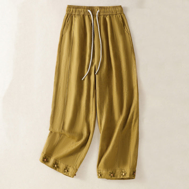 Buddha Stones Casual Embroided Bead Drawstring Women's Wide Leg Cotton Pants With Pockets - image 8