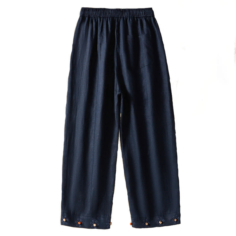 Buddha Stones Casual Embroided Bead Drawstring Women's Wide Leg Cotton Pants With Pockets - image 6