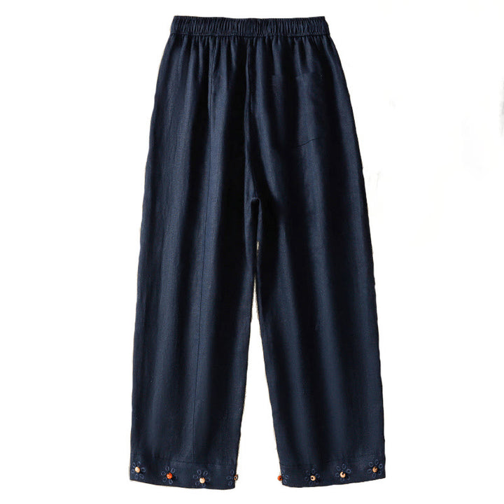 Buddha Stones Casual Embroided Bead Drawstring Women's Wide Leg Cotton Pants With Pockets - image 6
