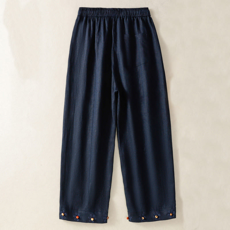 Buddha Stones Casual Embroided Bead Drawstring Women's Wide Leg Cotton Pants With Pockets - image 2