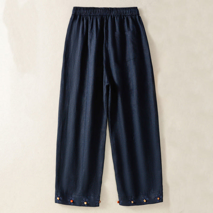 Buddha Stones Casual Embroided Bead Drawstring Women's Wide Leg Cotton Pants With Pockets - image 2