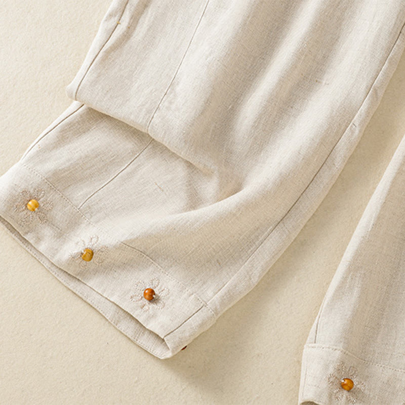 Buddha Stones Casual Embroided Bead Drawstring Women's Wide Leg Cotton Pants With Pockets - image 21