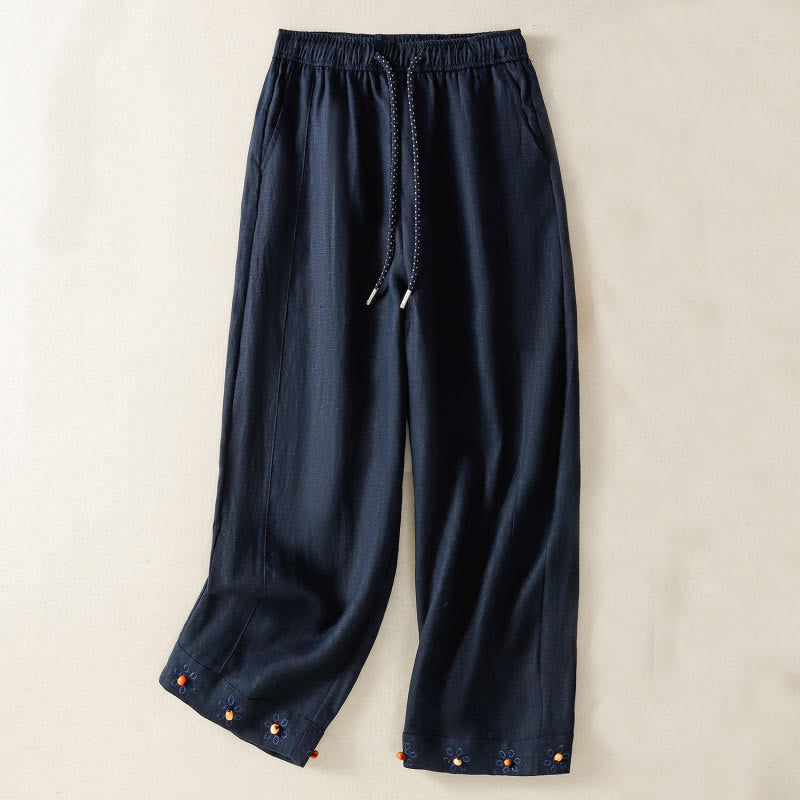 Buddha Stones Casual Embroided Bead Drawstring Women's Wide Leg Cotton Pants With Pockets - MidnightBlue - US8-10，UK/AU12-14，EU40-42 (2XL) - image 1