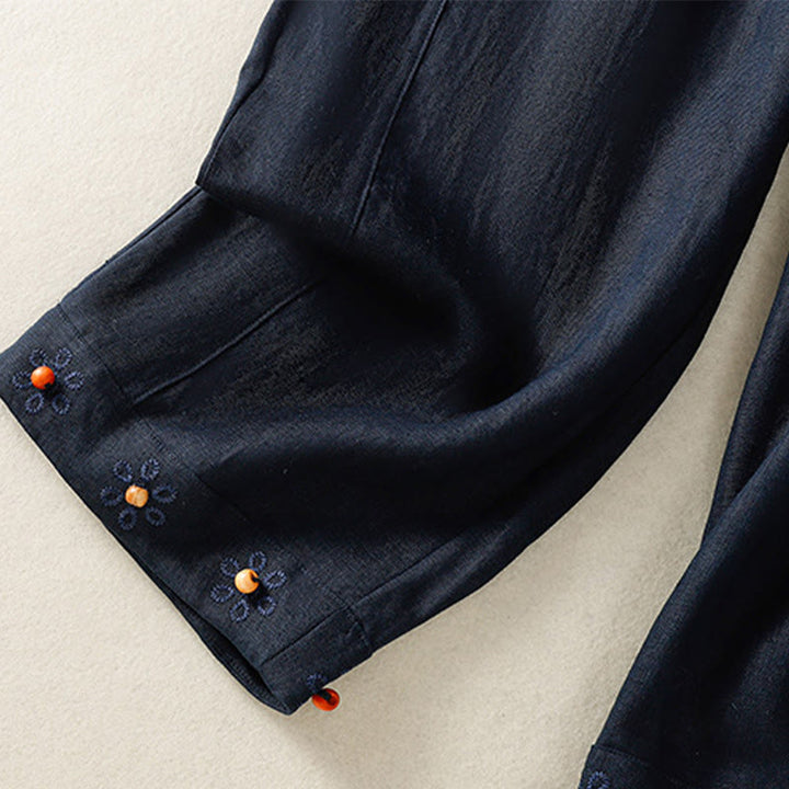 Buddha Stones Casual Embroided Bead Drawstring Women's Wide Leg Cotton Pants With Pockets - image 5