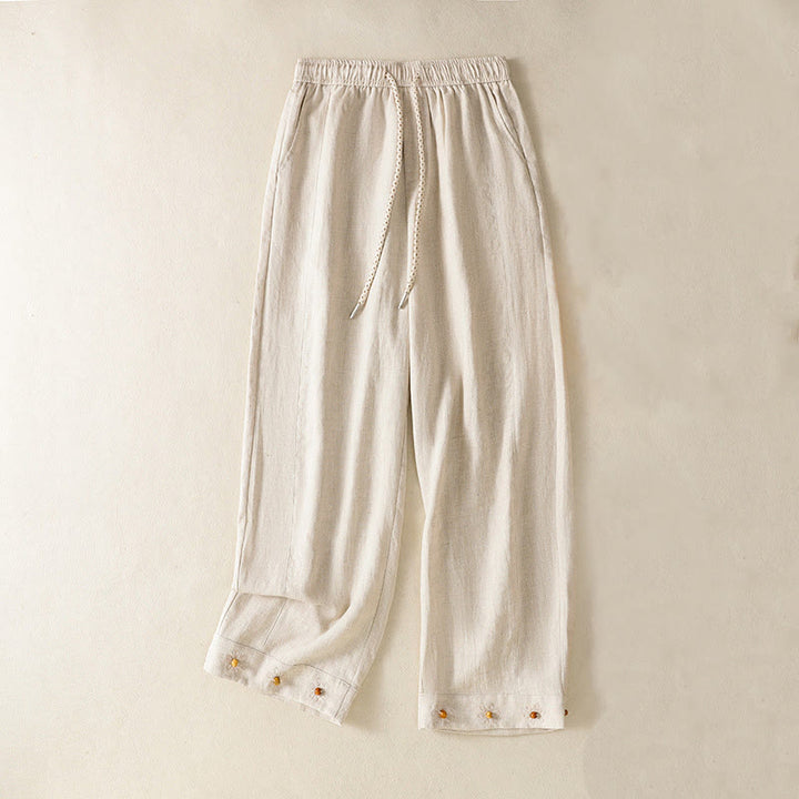 Buddha Stones Casual Embroided Bead Drawstring Women's Wide Leg Cotton Pants With Pockets - image 14