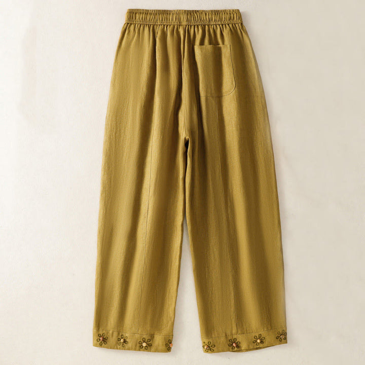 Buddha Stones Casual Embroided Bead Drawstring Women's Wide Leg Cotton Pants With Pockets - DarkGoldenrod - US8-10，UK/AU12-14，EU40-42 (2XL) - image 7