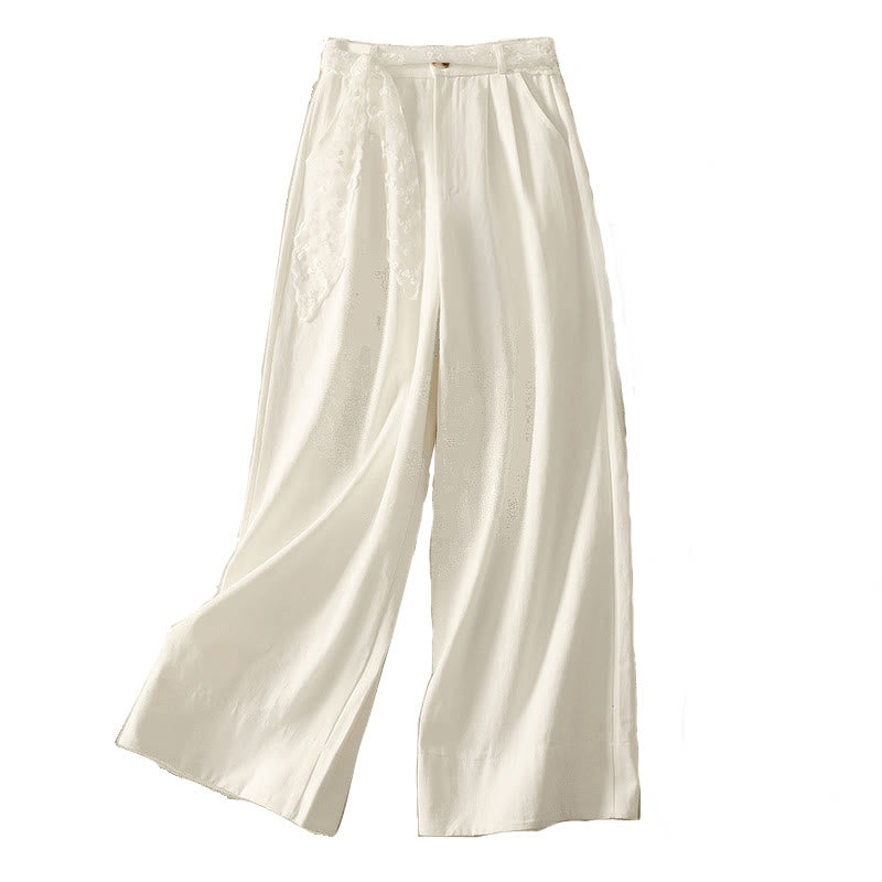 Buddha Stones Daily Solid Color Lace Belt Women's Wide Leg Cotton Pants With Pockets - image 17