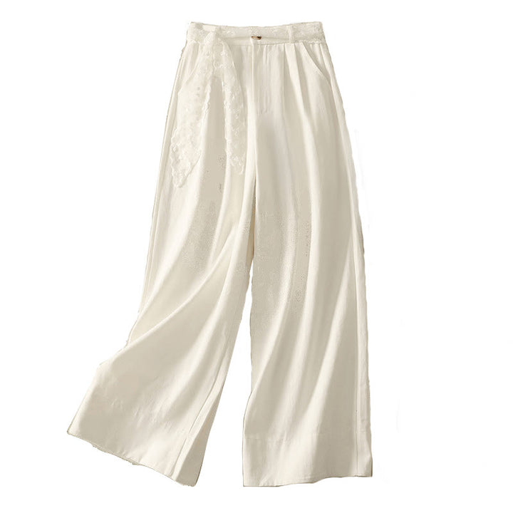 Buddha Stones Daily Solid Color Lace Belt Women's Wide Leg Cotton Pants With Pockets - image 17