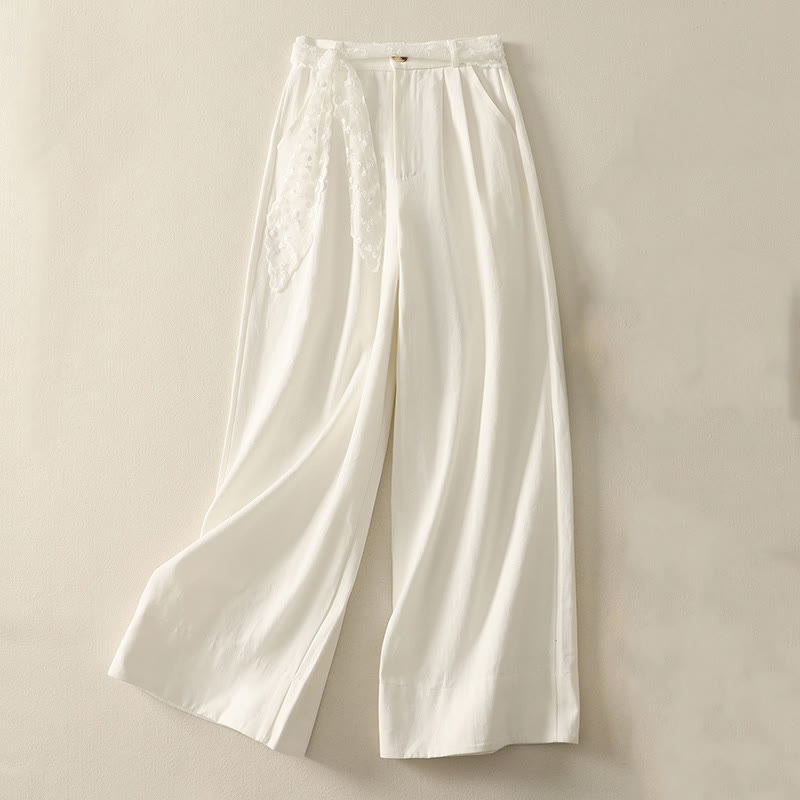Buddha Stones Daily Solid Color Lace Belt Women's Wide Leg Cotton Pants With Pockets - White - US8-10，UK/AU12-14，EU40-42 (2XL) - image 7