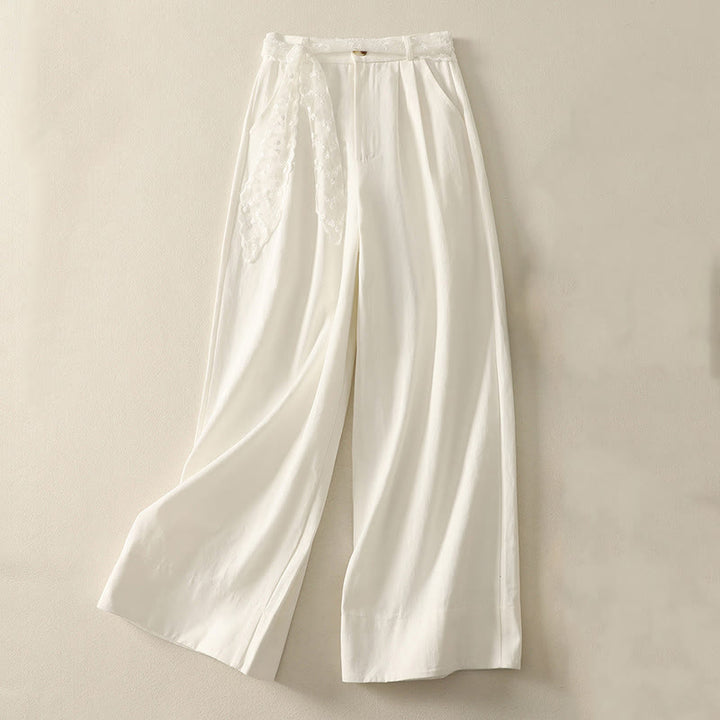 Buddha Stones Daily Solid Color Lace Belt Women's Wide Leg Cotton Pants With Pockets - White - US8-10，UK/AU12-14，EU40-42 (2XL) - image 7
