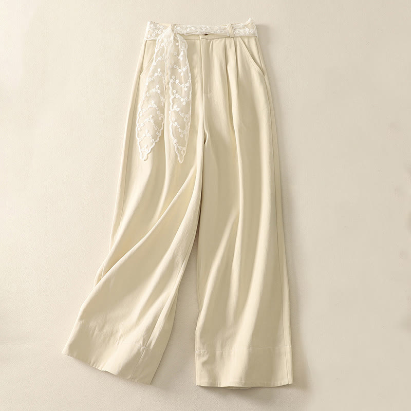 Buddha Stones Daily Solid Color Lace Belt Women's Wide Leg Cotton Pants With Pockets - Beige - US8-10，UK/AU12-14，EU40-42 (2XL) - image 1