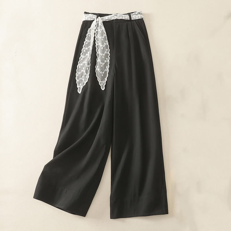 Buddha Stones Daily Solid Color Lace Belt Women's Wide Leg Cotton Pants With Pockets - Black - US8-10，UK/AU12-14，EU40-42 (2XL) - image 18