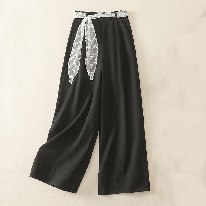Buddha Stones Daily Solid Color Lace Belt Women's Wide Leg Cotton Pants With Pockets - Black - US8-10，UK/AU12-14，EU40-42 (2XL) - image 18