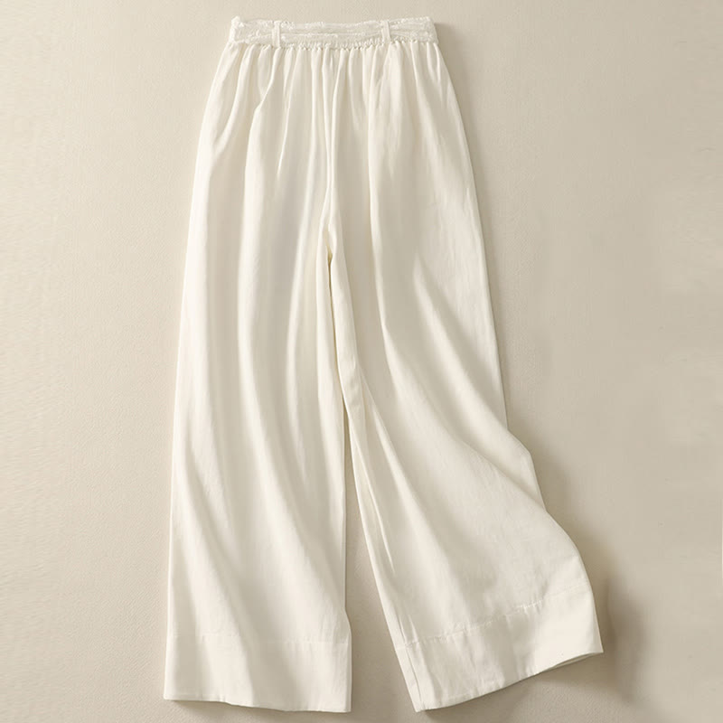 Buddha Stones Daily Solid Color Lace Belt Women's Wide Leg Cotton Pants With Pockets - image 8
