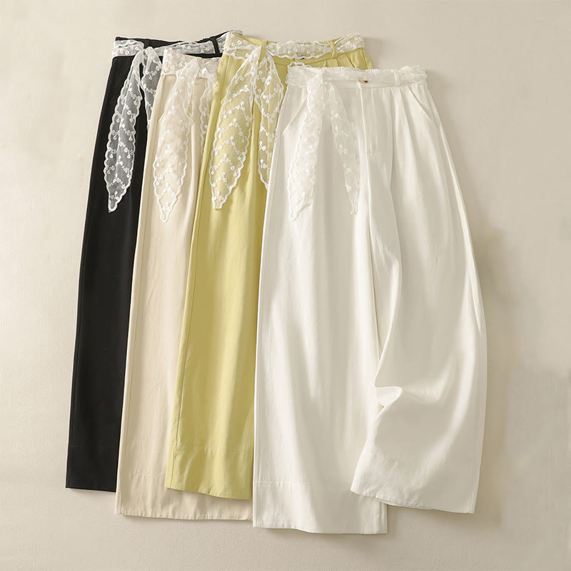 Buddha Stones Daily Solid Color Lace Belt Women's Wide Leg Cotton Pants With Pockets - image 28