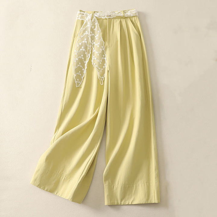 Buddha Stones Daily Solid Color Lace Belt Women's Wide Leg Cotton Pants With Pockets - LightYellow - US8-10，UK/AU12-14，EU40-42 (2XL) - image 23