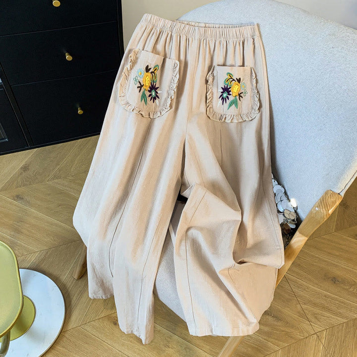 Buddha Stones Casual Beige Embroidery Women's Wide Leg Cotton Linen Pants With Pockets - Beige - US8-10，UK/AU12-14，EU40-42 (2XL) - image 1