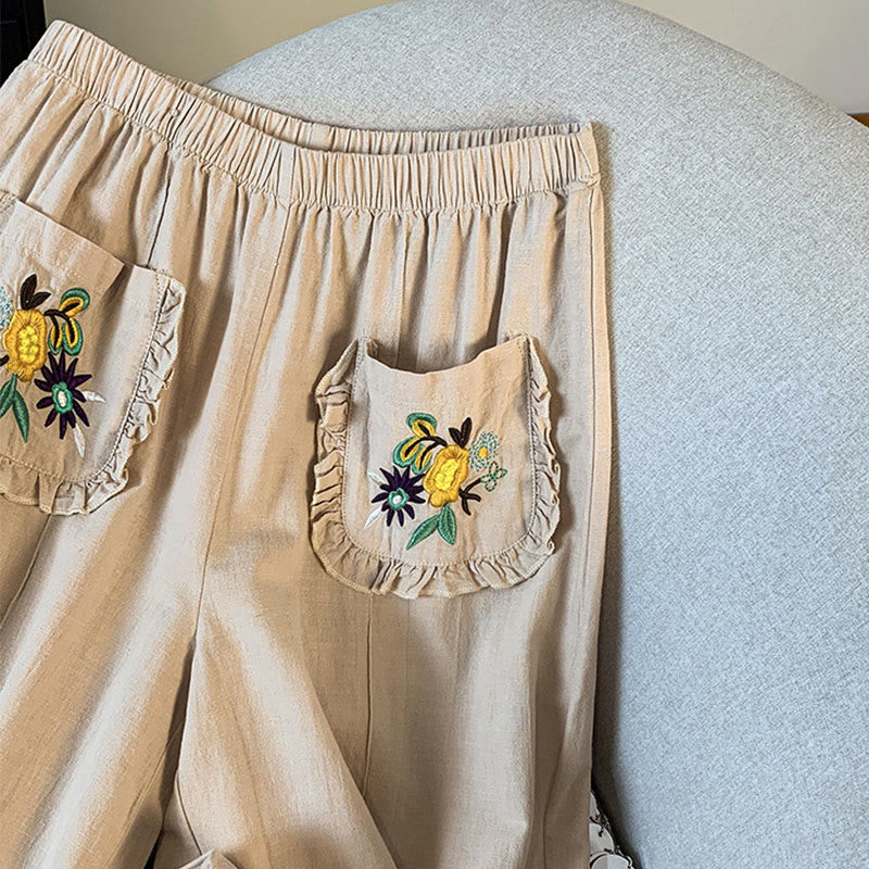Buddha Stones Casual Beige Embroidery Women's Wide Leg Cotton Linen Pants With Pockets - image 6