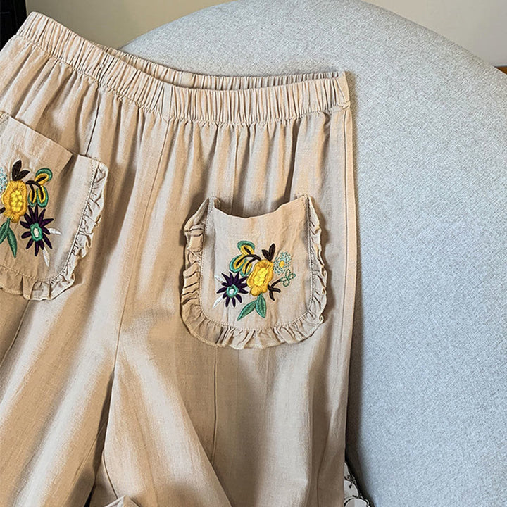 Buddha Stones Casual Beige Embroidery Women's Wide Leg Cotton Linen Pants With Pockets - image 6