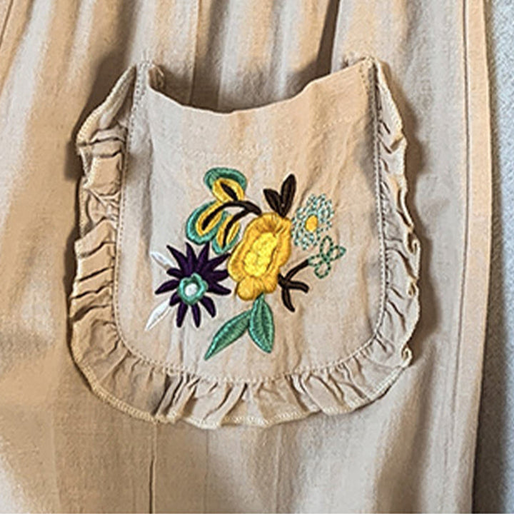 Buddha Stones Casual Beige Embroidery Women's Wide Leg Cotton Linen Pants With Pockets - image 9