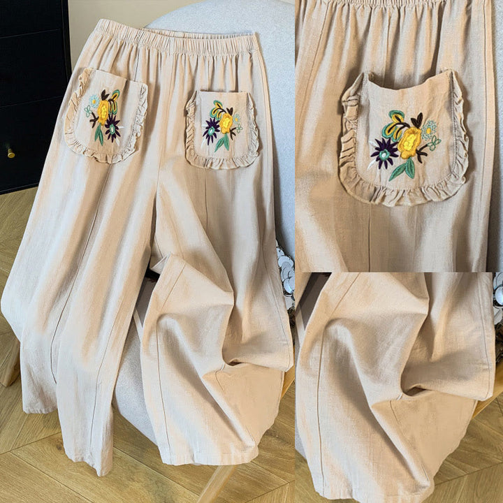 Buddha Stones Casual Beige Embroidery Women's Wide Leg Cotton Linen Pants With Pockets - image 10