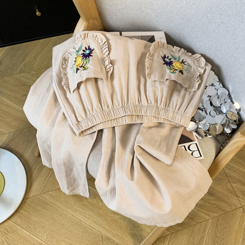 Buddha Stones Casual Beige Embroidery Women's Wide Leg Cotton Linen Pants With Pockets - image 3