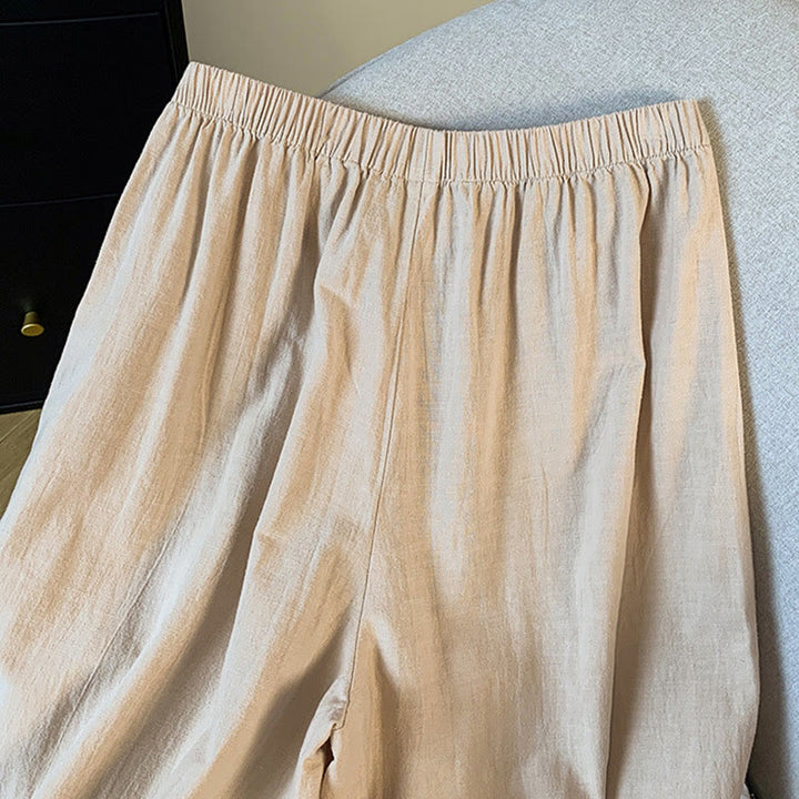 Buddha Stones Casual Beige Embroidery Women's Wide Leg Cotton Linen Pants With Pockets - image 7