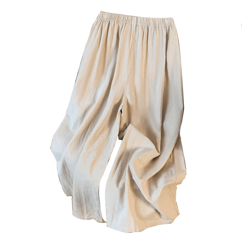 Buddha Stones Casual Beige Embroidery Women's Wide Leg Cotton Linen Pants With Pockets - image 11