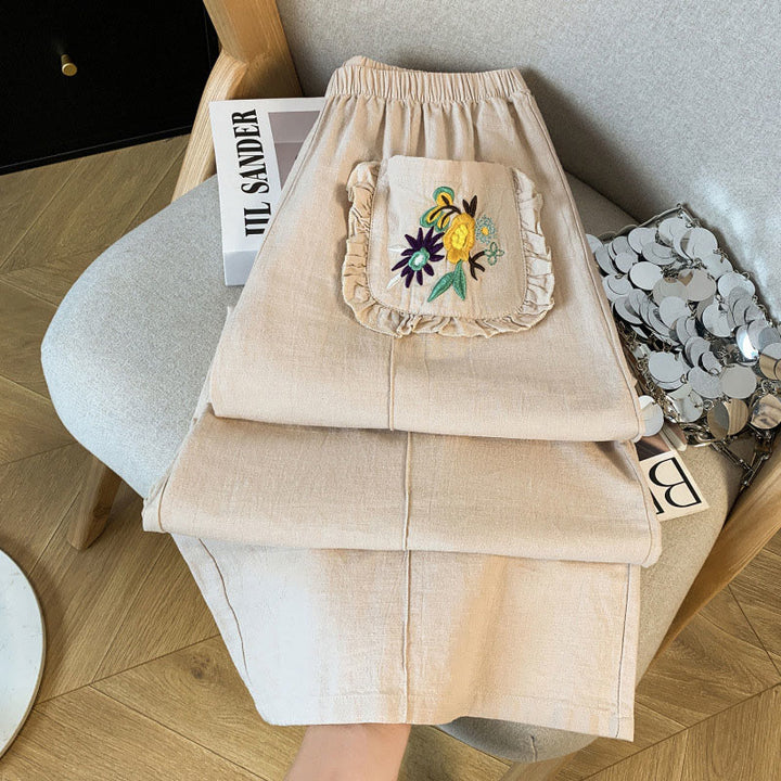 Buddha Stones Casual Beige Embroidery Women's Wide Leg Cotton Linen Pants With Pockets - image 4