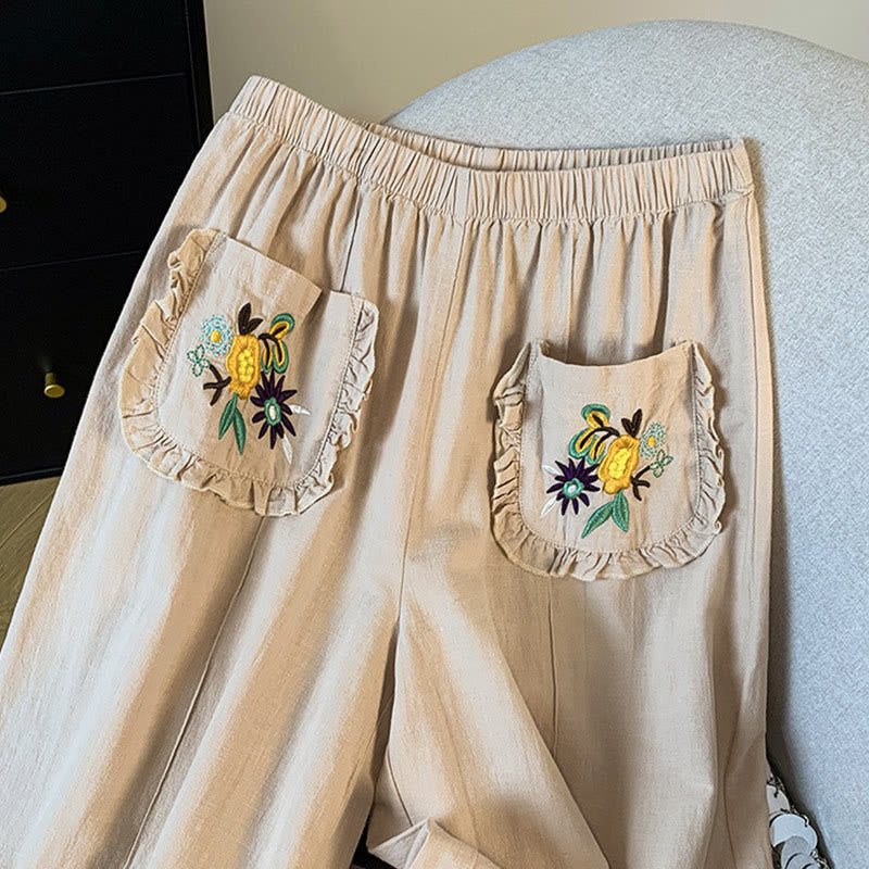 Buddha Stones Casual Beige Embroidery Women's Wide Leg Cotton Linen Pants With Pockets - image 5