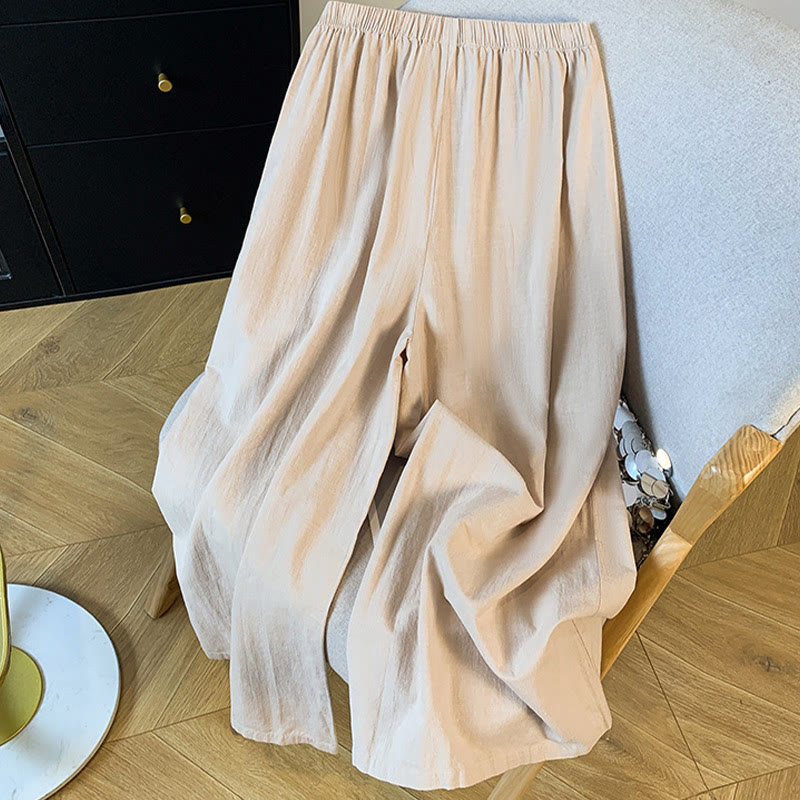 Buddha Stones Casual Beige Embroidery Women's Wide Leg Cotton Linen Pants With Pockets - image 2