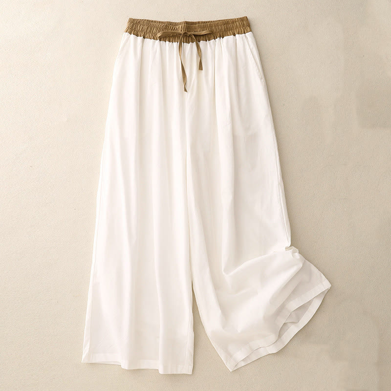 Buddha Stones Artistic Color Contrast Drawstring Women's Wide Leg Pants With Pockets - White - US8-10，UK/AU12-14，EU40-42 (2XL) - image 4