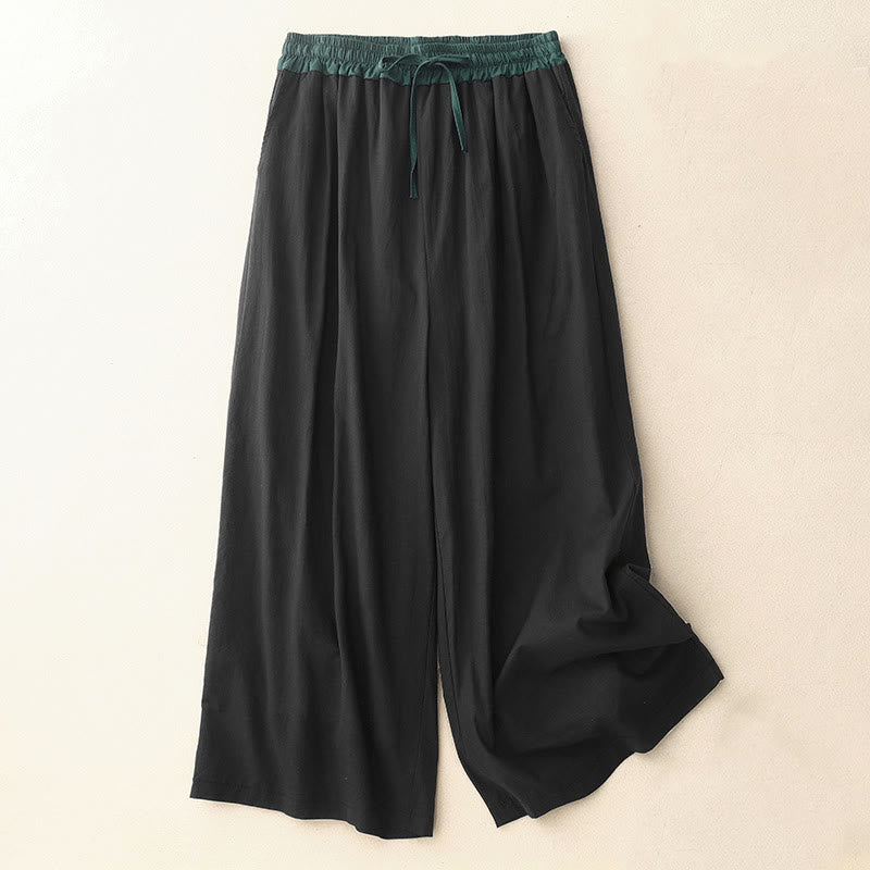 Buddha Stones Artistic Color Contrast Drawstring Women's Wide Leg Pants With Pockets - Black - US8-10，UK/AU12-14，EU40-42 (2XL) - image 1